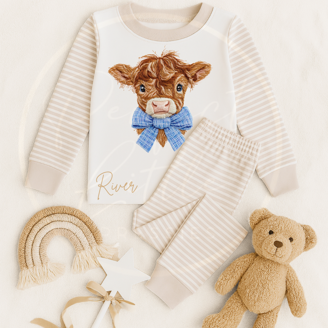 Kids Pyjamas - Embroidery Effect Highland Cow Blue Bow