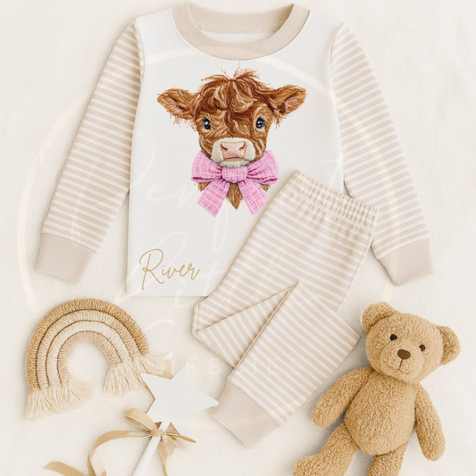 Kids Pyjamas - Embroidery Effect Highland Pink Bow