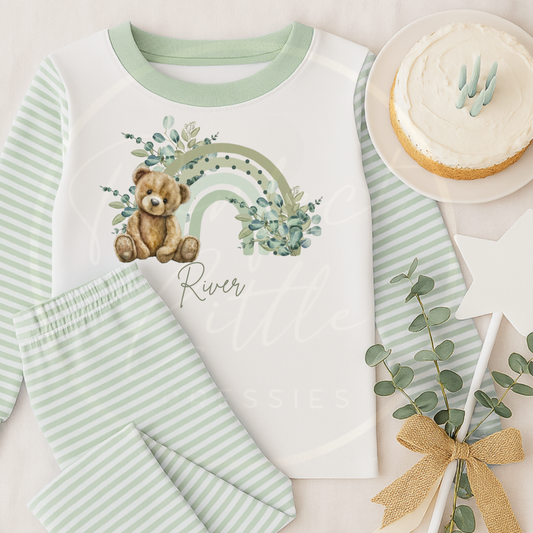 Kids Pyjamas - Sage Rainbow Bear