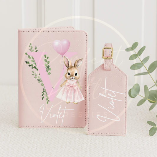 Passport Cover and Luggage Tag Set - Pink Bunny Initial Design