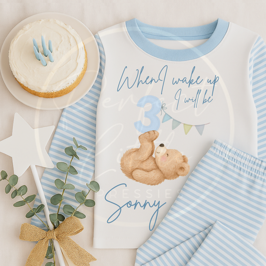 Blue Pyjamas - Bear With Number Personalised Design