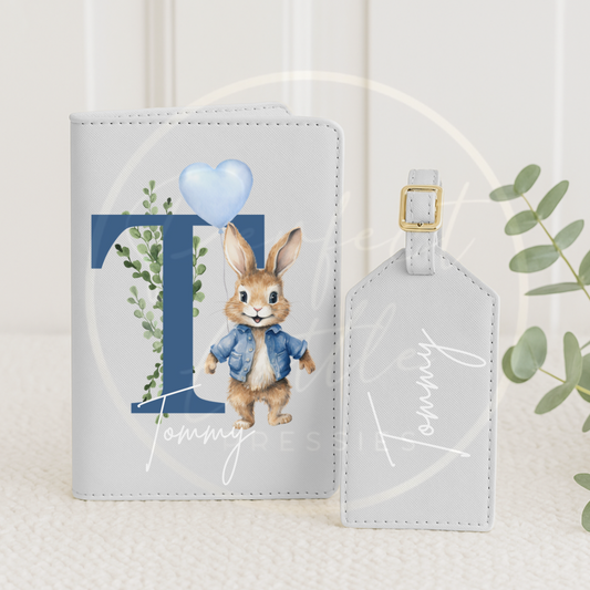 Passport Cover and Luggage Tag Set - Blue Initial Bunny Design