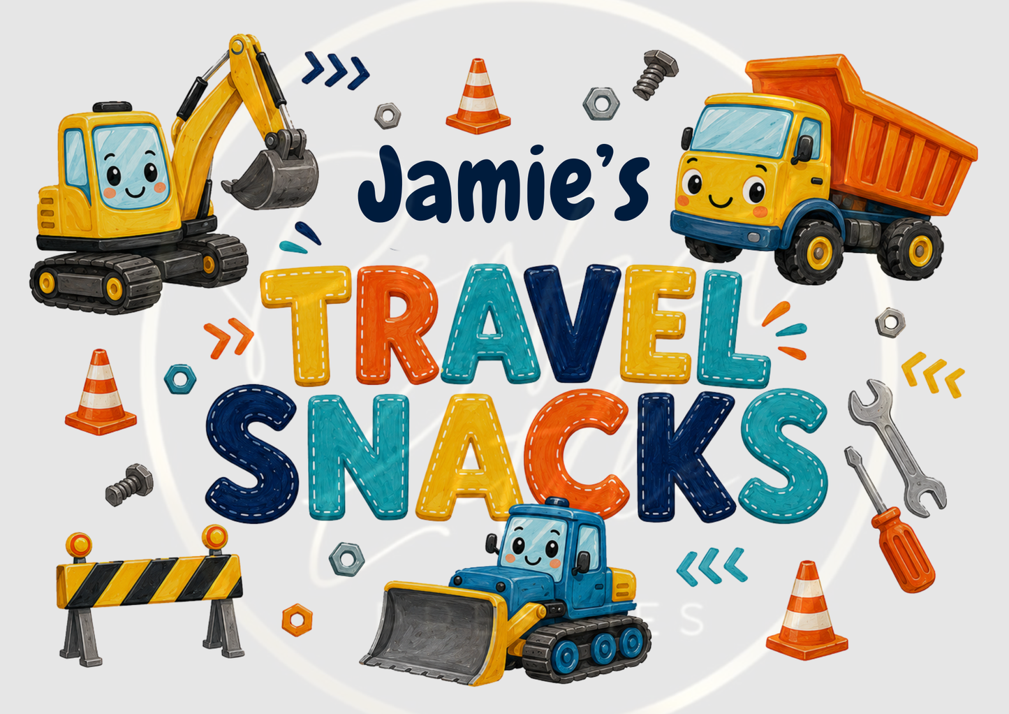CUSTOM ADHESIVE DECAL - Cartoon Construction Travel Snacks