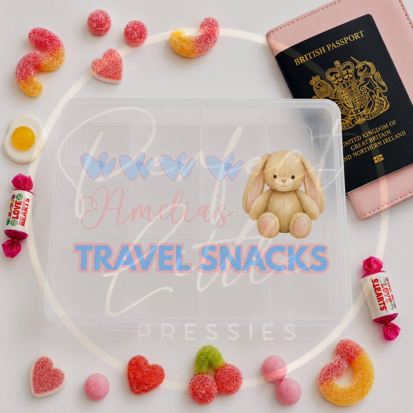 CUSTOM ADHESIVE DECAL - Pink/Blue Butterfly Bunny Travel Snacks