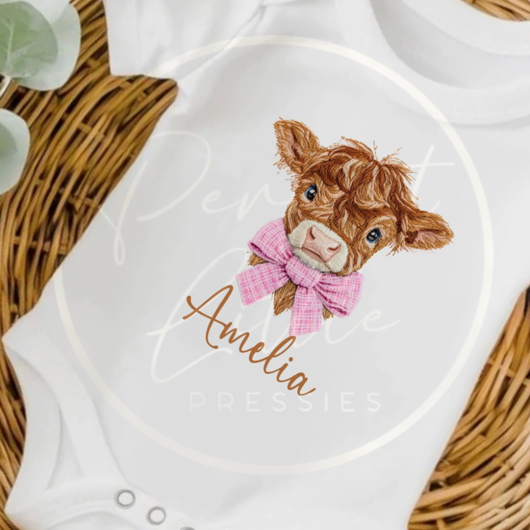 Highland Cow Embroider Effect Baby Grow
