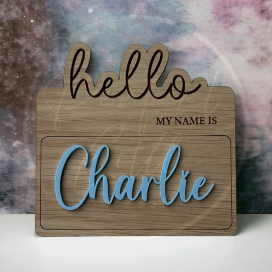 Hello My Name Is 3D Acrylic/Oak Plaque