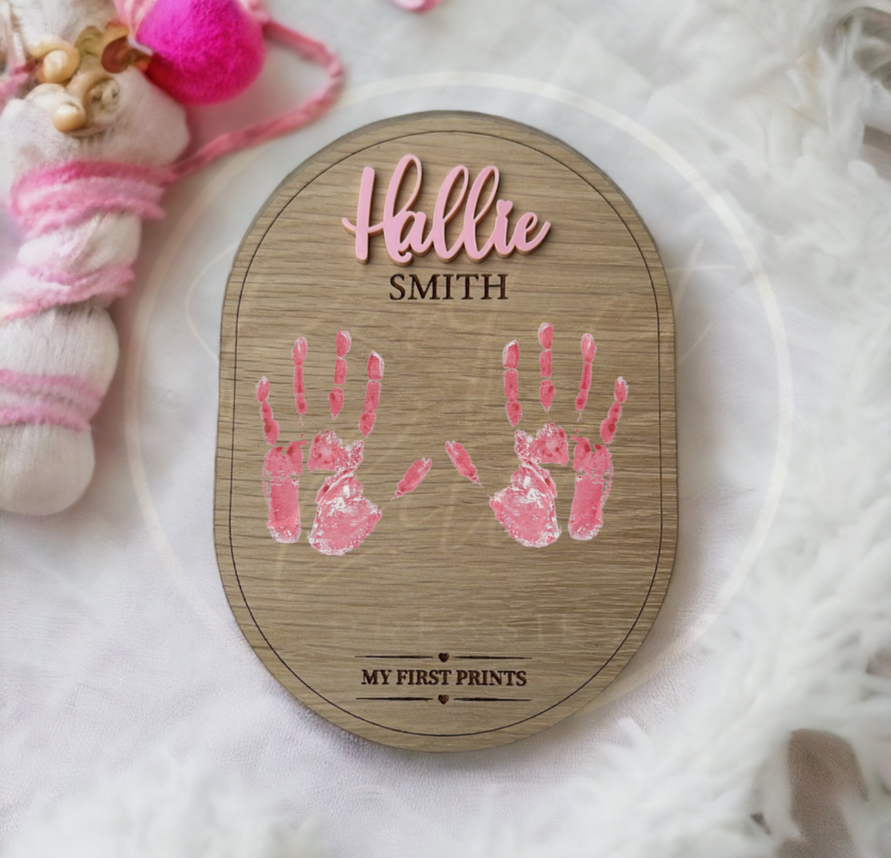 Baby's First Hand Prints - 3D Acrylic/Oak Plaque