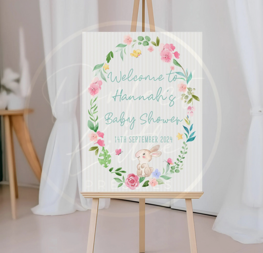 Baby Shower Welcome Sign - Floral Bunny Design