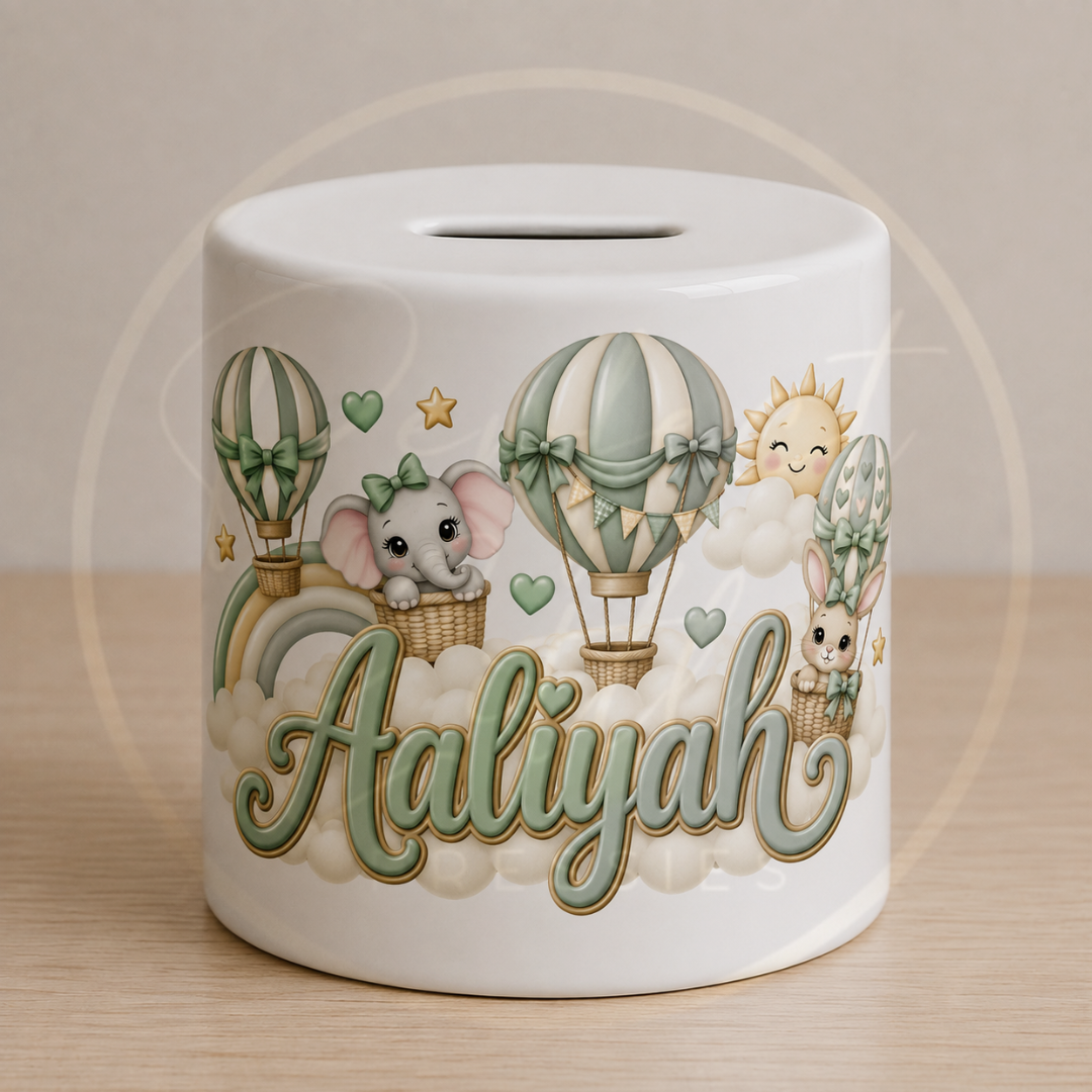 Ceramic Money Jar - Sage Hot Air Balloon