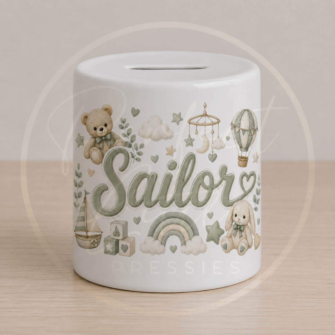 Ceramic Money Jar - Sage Nursery Theme