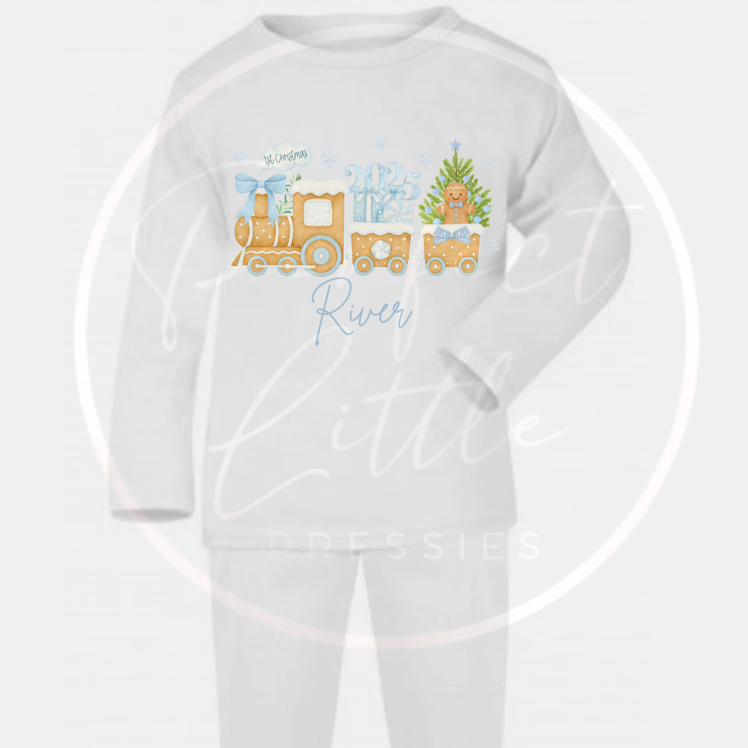 Christmas Baby Pyjamas - Blue 1st Christmas Gingerbread Train