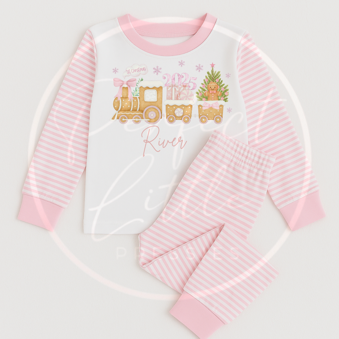 Christmas Pyjamas - 1st Christmas Pink Gingerbread Train