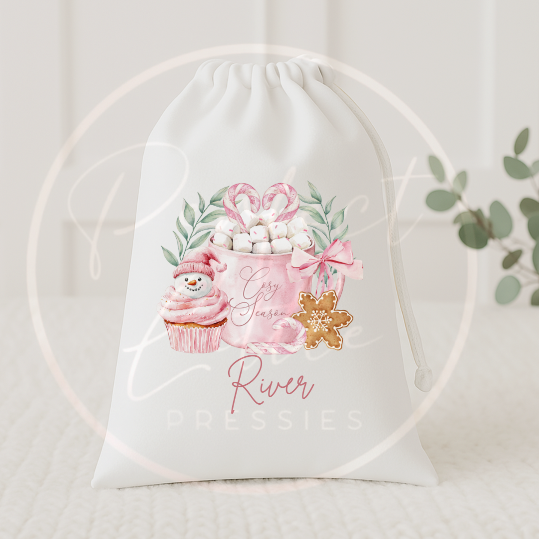 Christmas Drawstring Bag - Cosy Christmas Pink