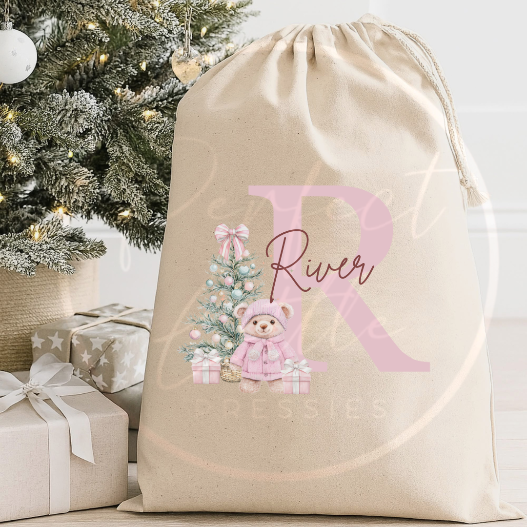 Christmas Sack - Pink Bear Tree Initial