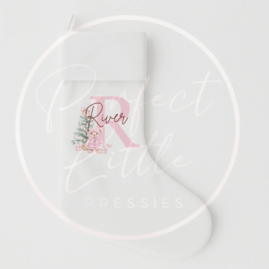 Christmas Stocking - Pink Bear Tree Design