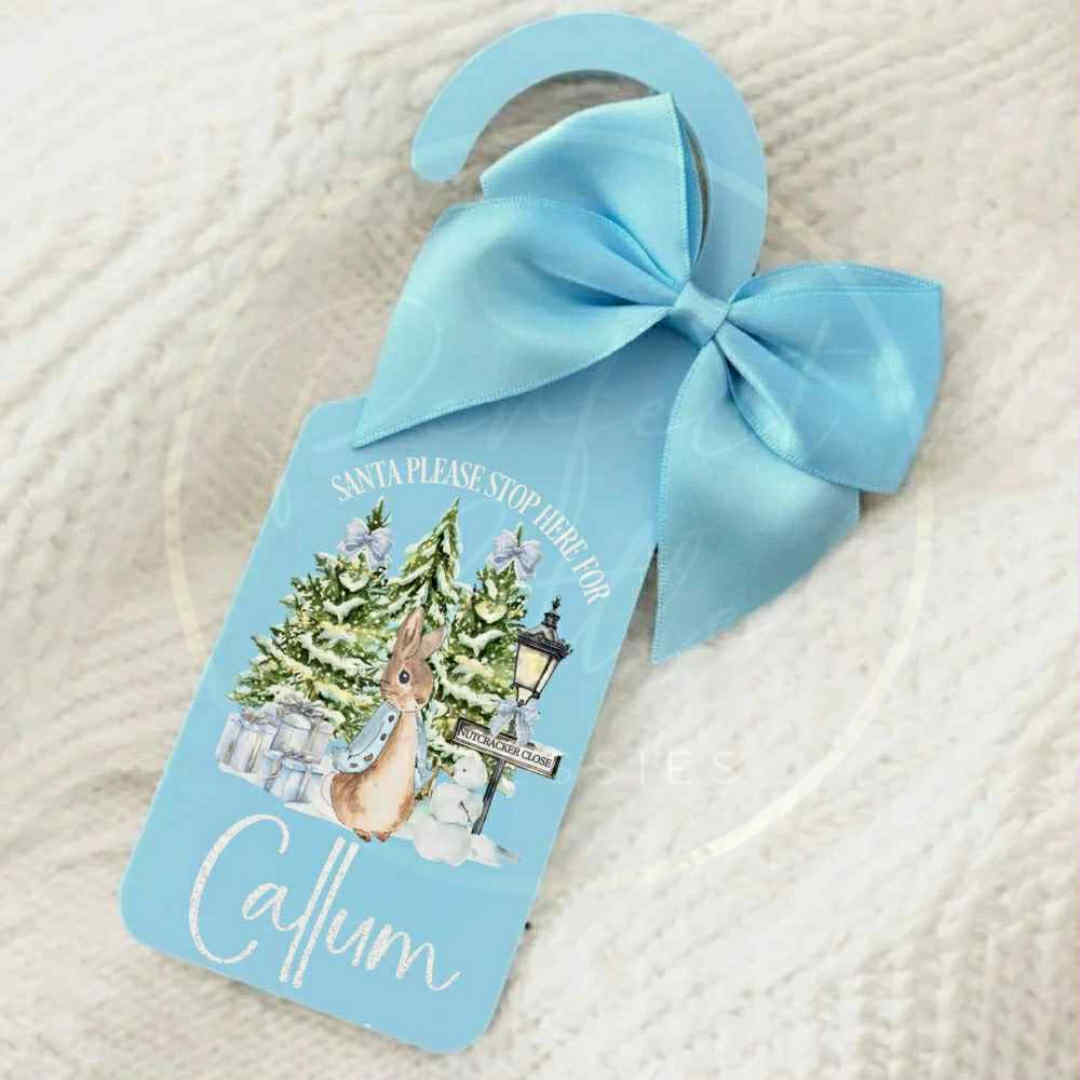 Christmas Door Hanger - Blue Bunny North Pole