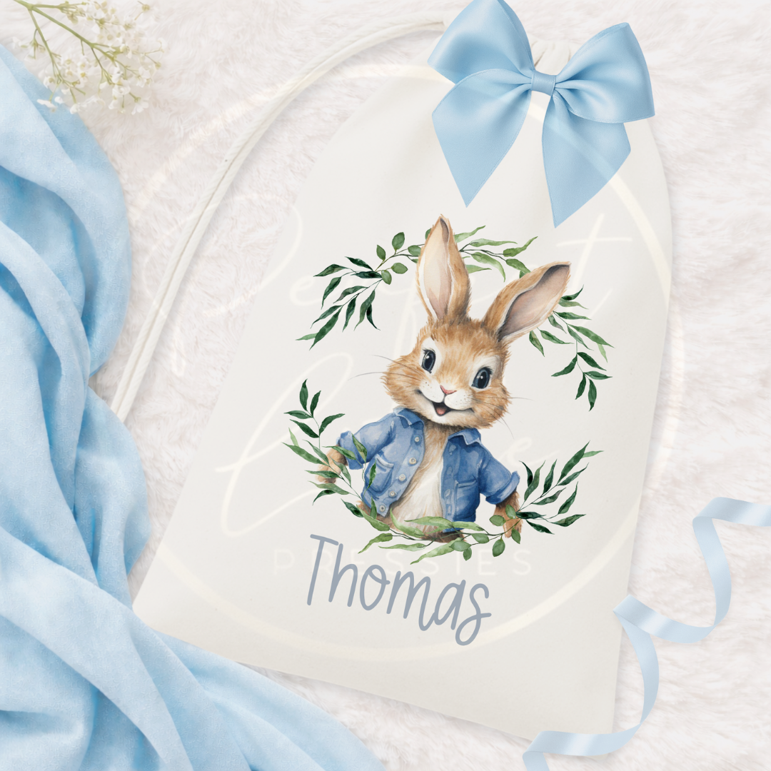 Easter - Blue Bunny Wreath Drawstring Bag