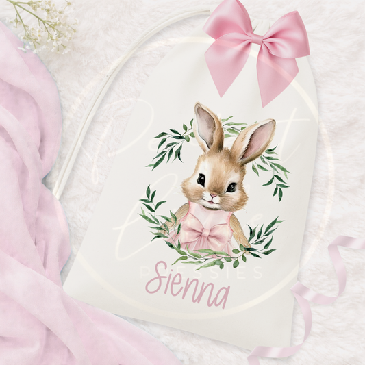 Easter - Pink Bunny Wreath Drawstring Bag