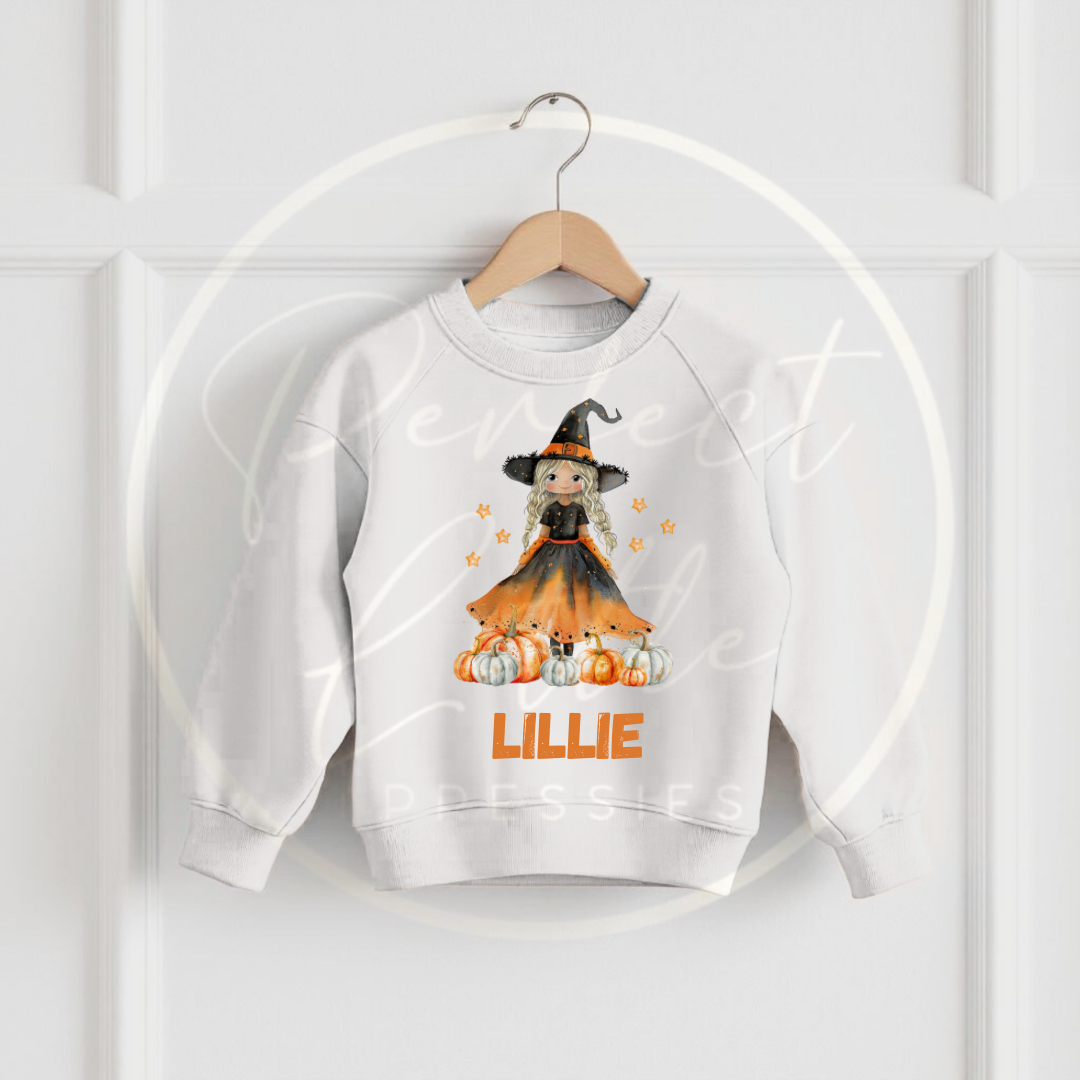 Halloween Kids Orange Dress Witch Dolly Sweatshirt