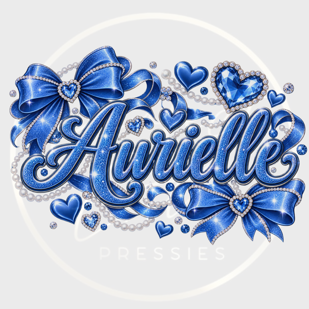 CUSTOM ADHESIVE DECAL - Blue Glitter Pearl Bow Names