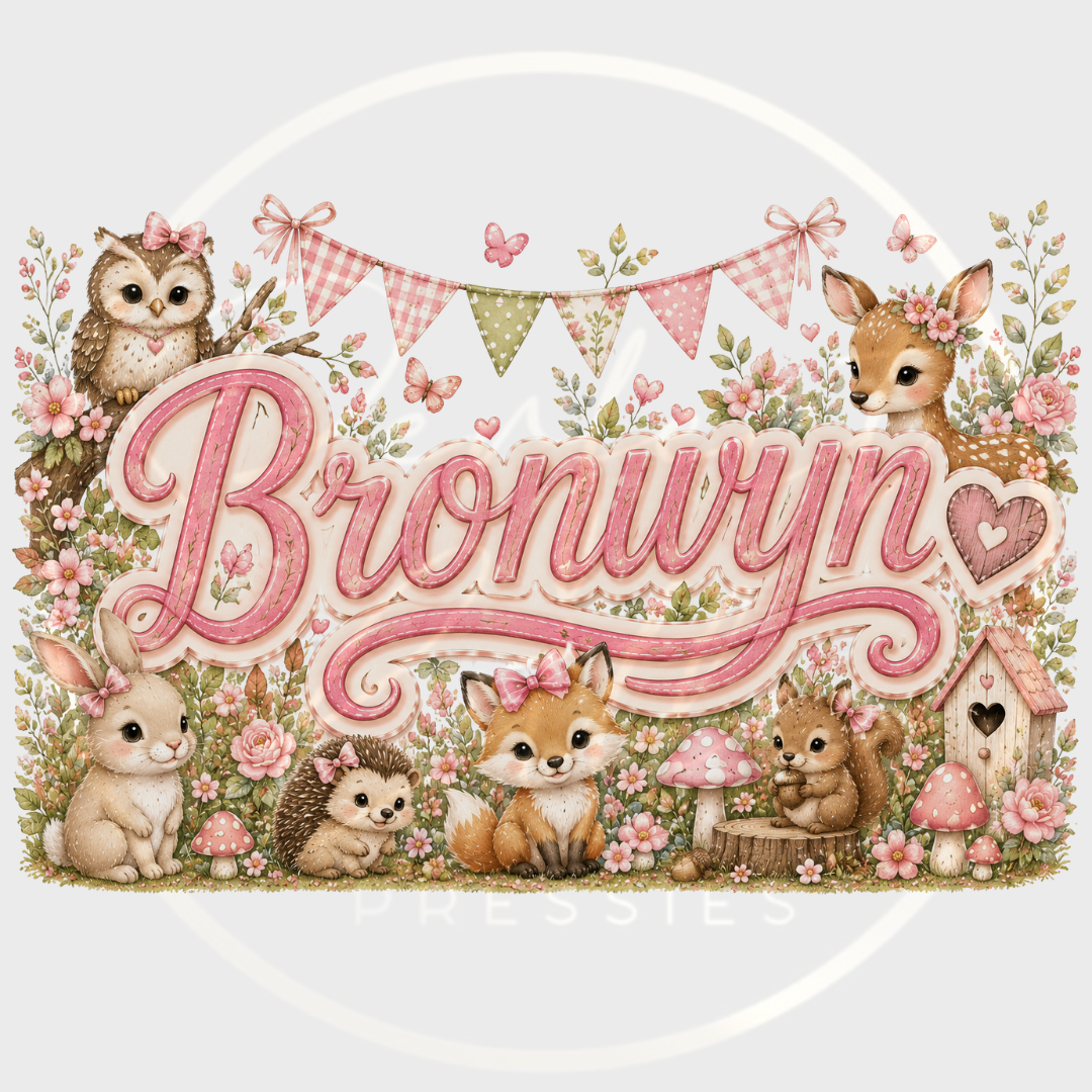 CUSTOM ADHESIVE DECAL - Pink Woodland Friends Name