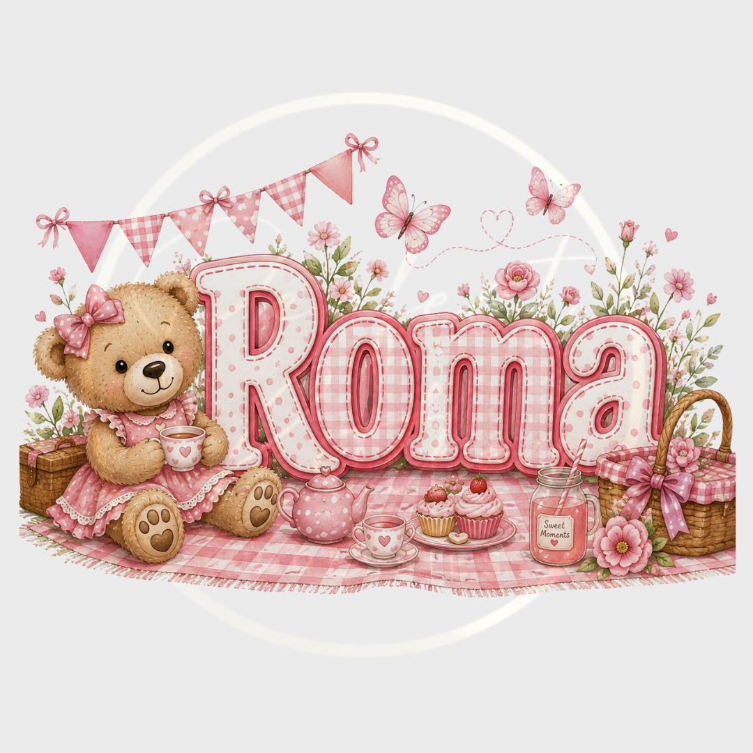 CUSTOM ADHESIVE DECAL - Pink Teddy Bear Picnic Name