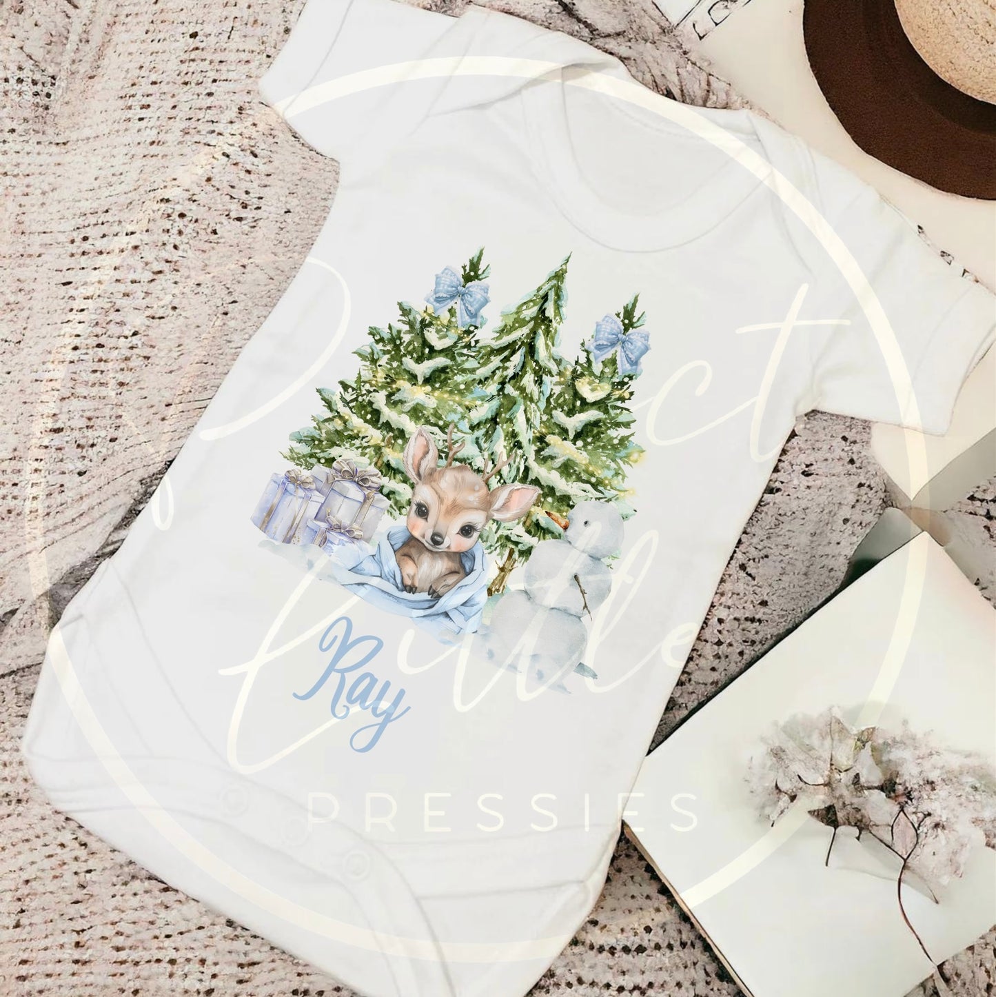 Christmas Baby Grow - Blue Reindeer Scene