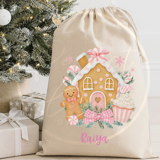 Christmas Sack - Pink Gingerbread House