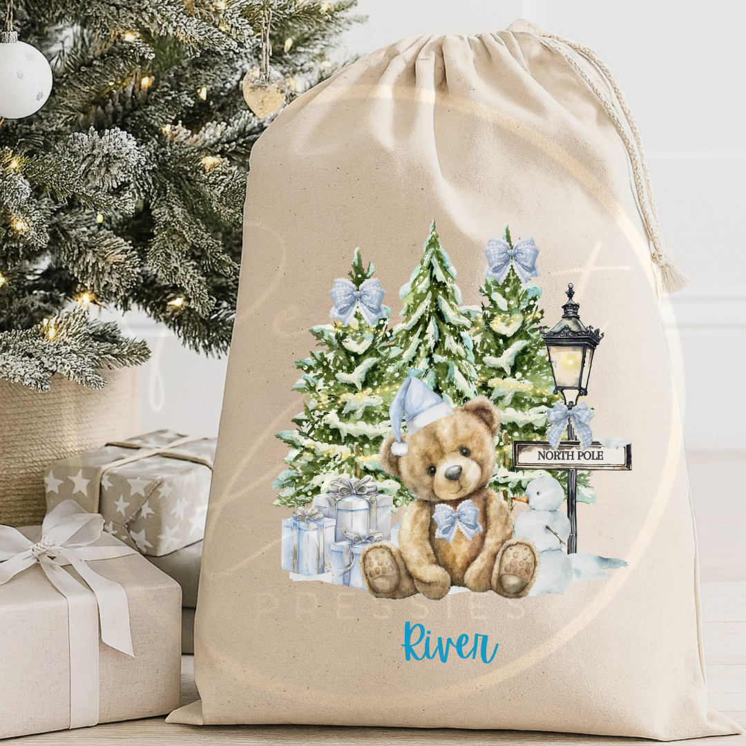 Christmas Sack - Bear Blue North Pole Scene