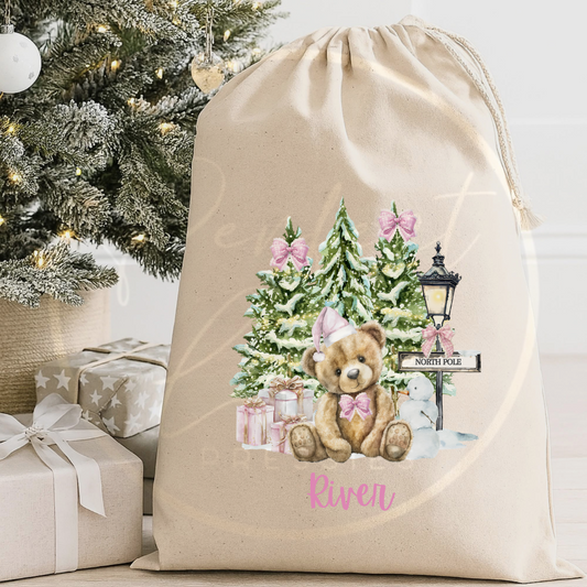 Christmas Sack - Bear Pink North Pole Scene