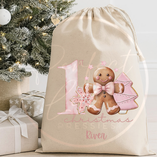Christmas Sack - Pink Gingerbread 1st Christmas