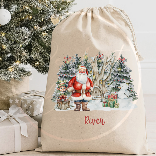 Christmas Sack - Santa/Elf Scene