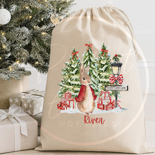 Christmas Sack - Red Rabbit Candy Cane Lane
