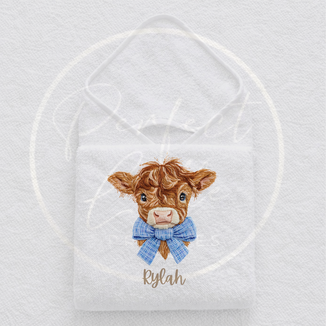 Baby Hooded Towel - Embroidery Effect Highland Cow Design