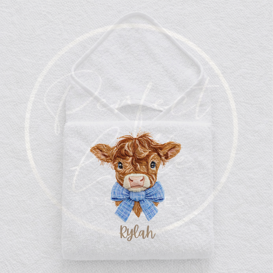 Baby Hooded Towel - Embroidery Effect Highland Cow Design