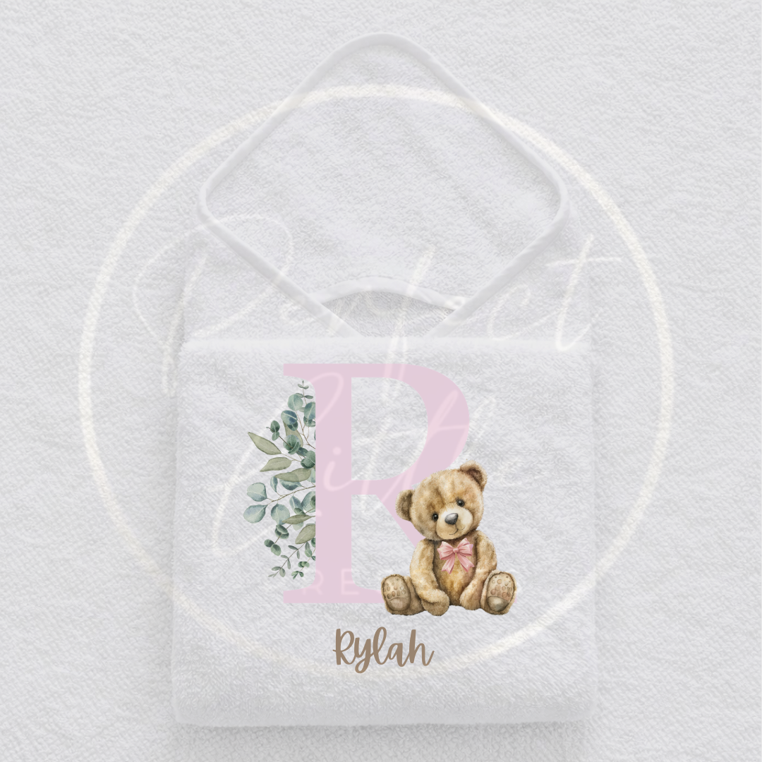 Hooded Baby Towel - Pink Bear Initial Design