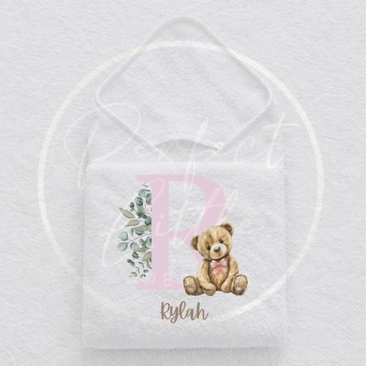 Hooded Baby Towel - Pink Bear Initial Design