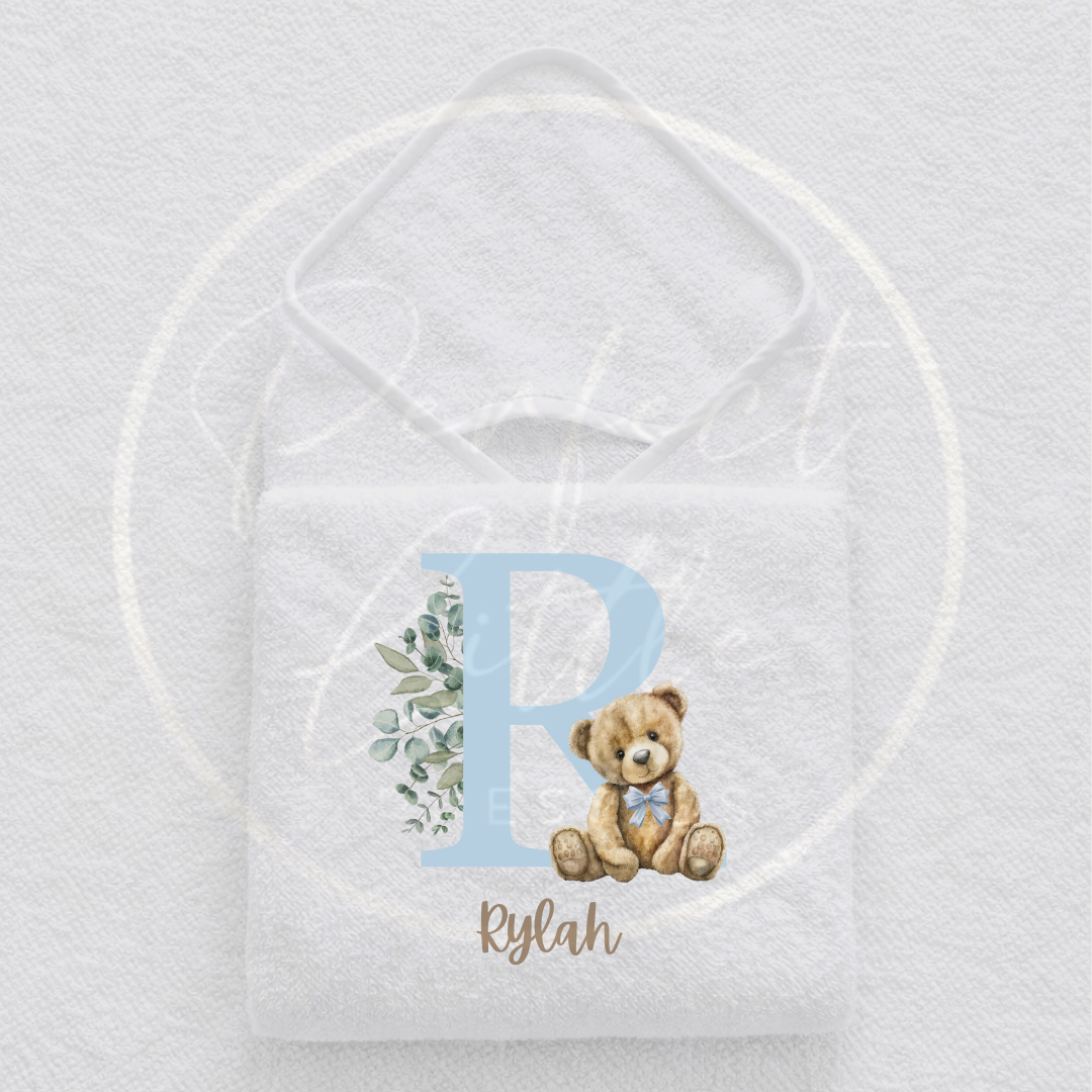 Baby Hooded Towel - Blue Bear Initial Design
