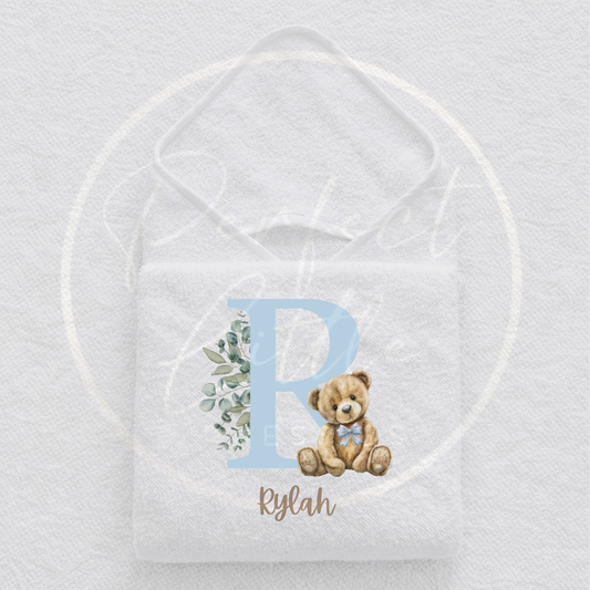 Baby Hooded Towel - Blue Bear Initial Design