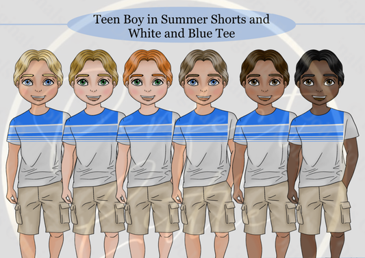 DESIGN A DOLLY - Teen Boy Summer Shorts Blue White Tee