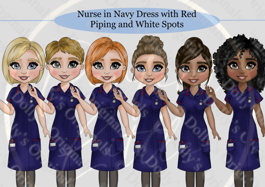 DESIGN A DOLLY - Midwife In Navy With Red Piping White Spots