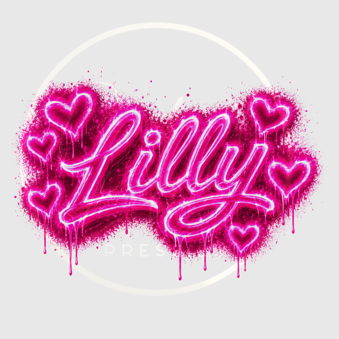 CUSTOM ADHESIVE DECAL - Pink Neon Graffiti Hearts Name
