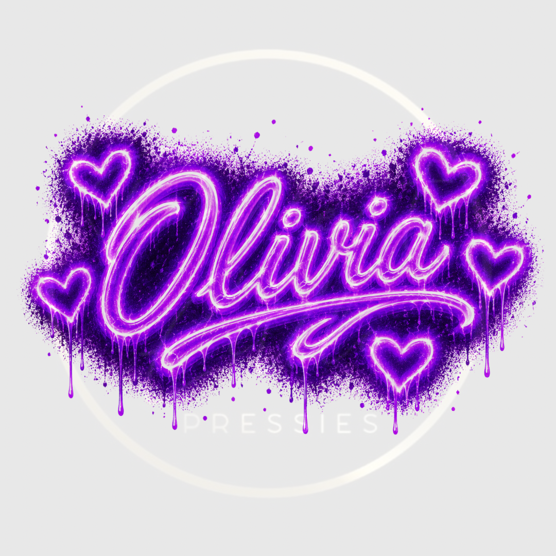 CUSTOM ADHESIVE DECAL - Purple Neon Graffiti Hearts Name