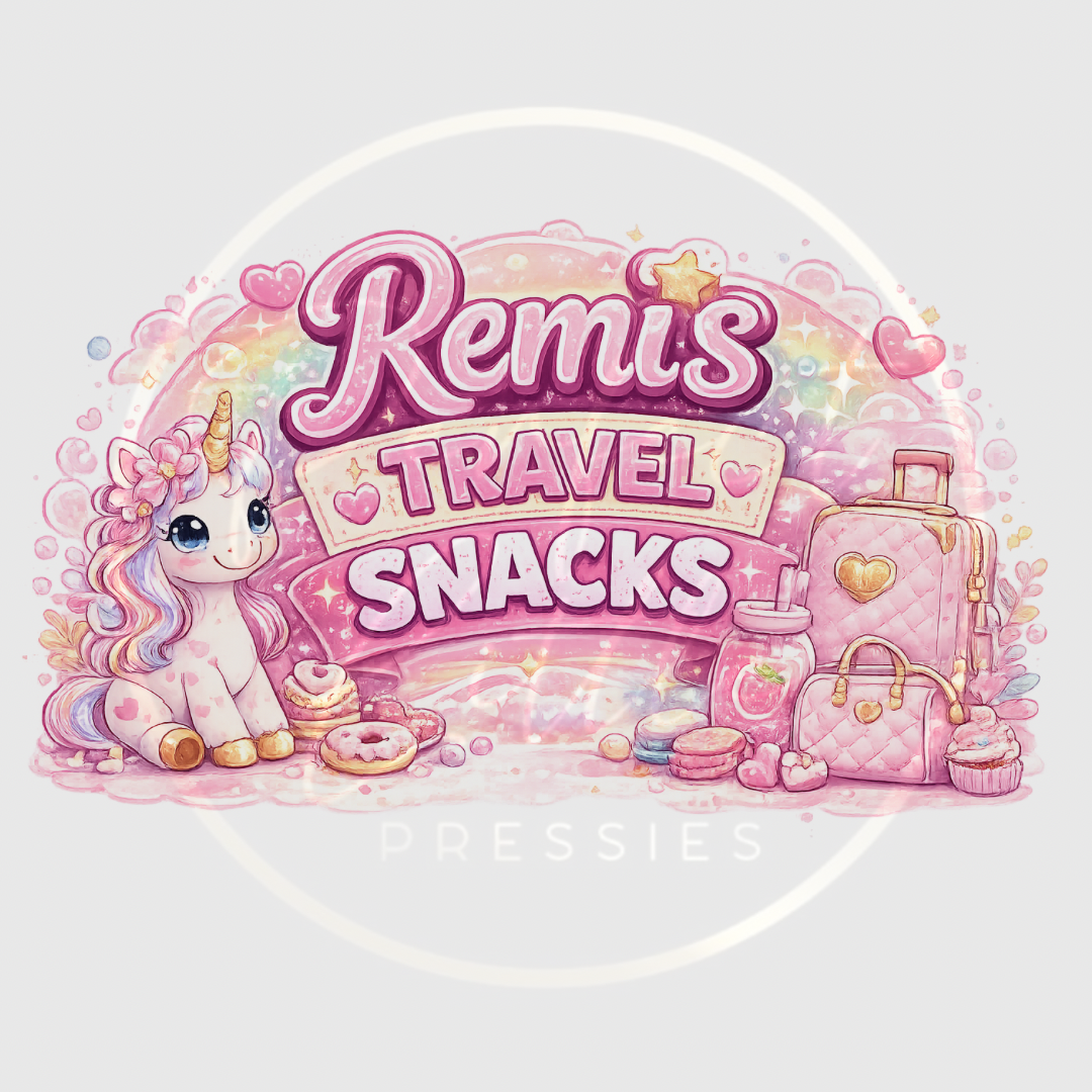 CUSTOM ADHESIVE DECAL - Pink Unicorn Travel Snacks