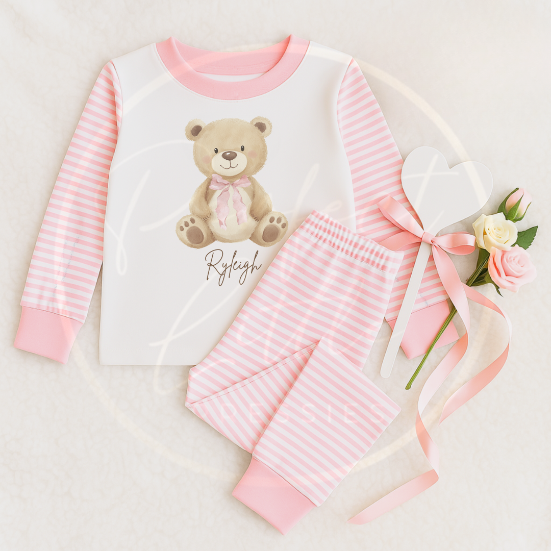 Kids Pyjamas - Soft Bear Pink Bow