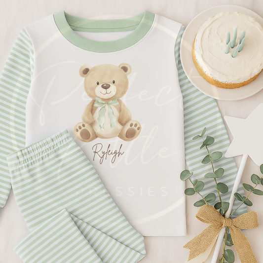 Kids Pyjamas - Soft Bear Sage Bow