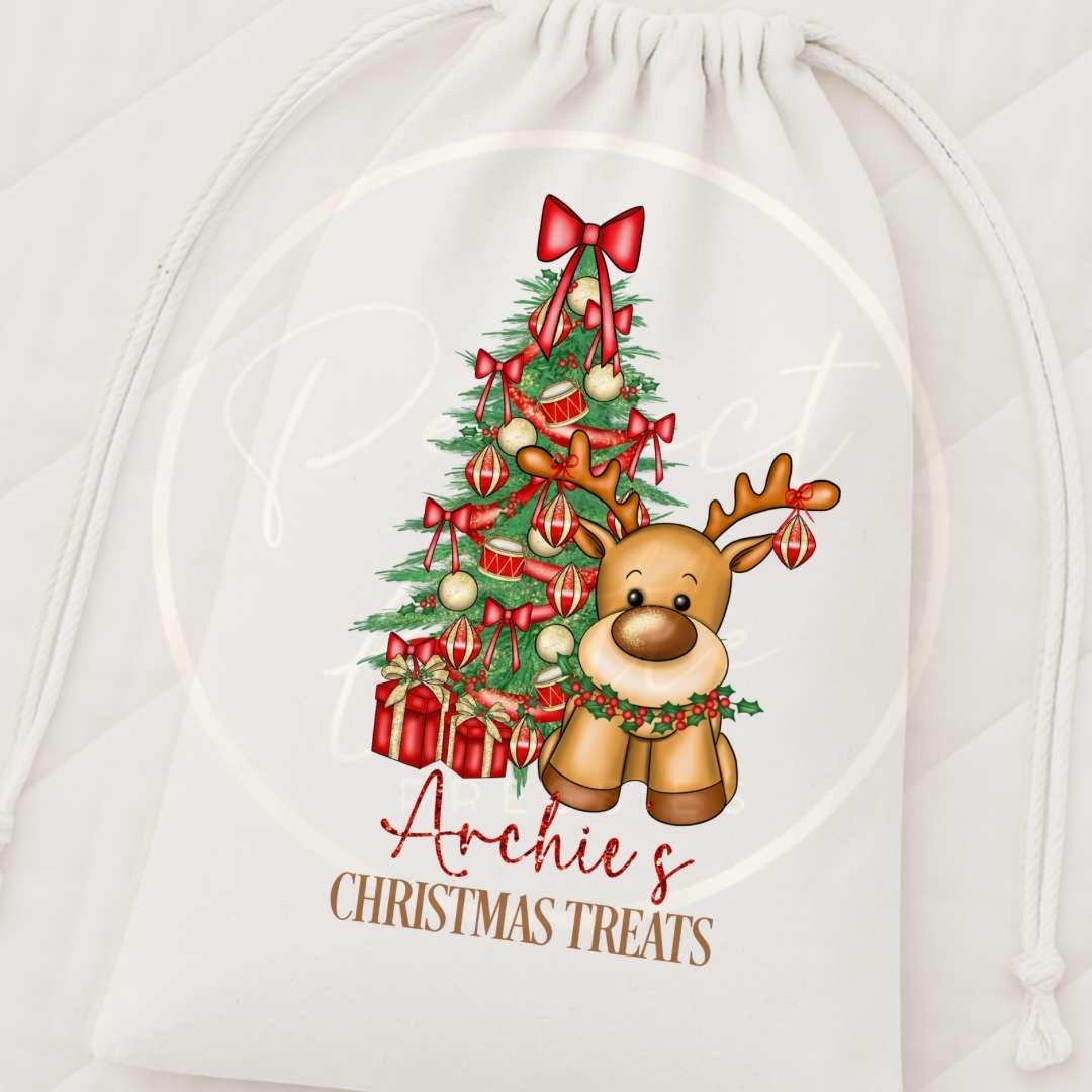 Christmas Drawstring Bag - Reindeer/Tree Design