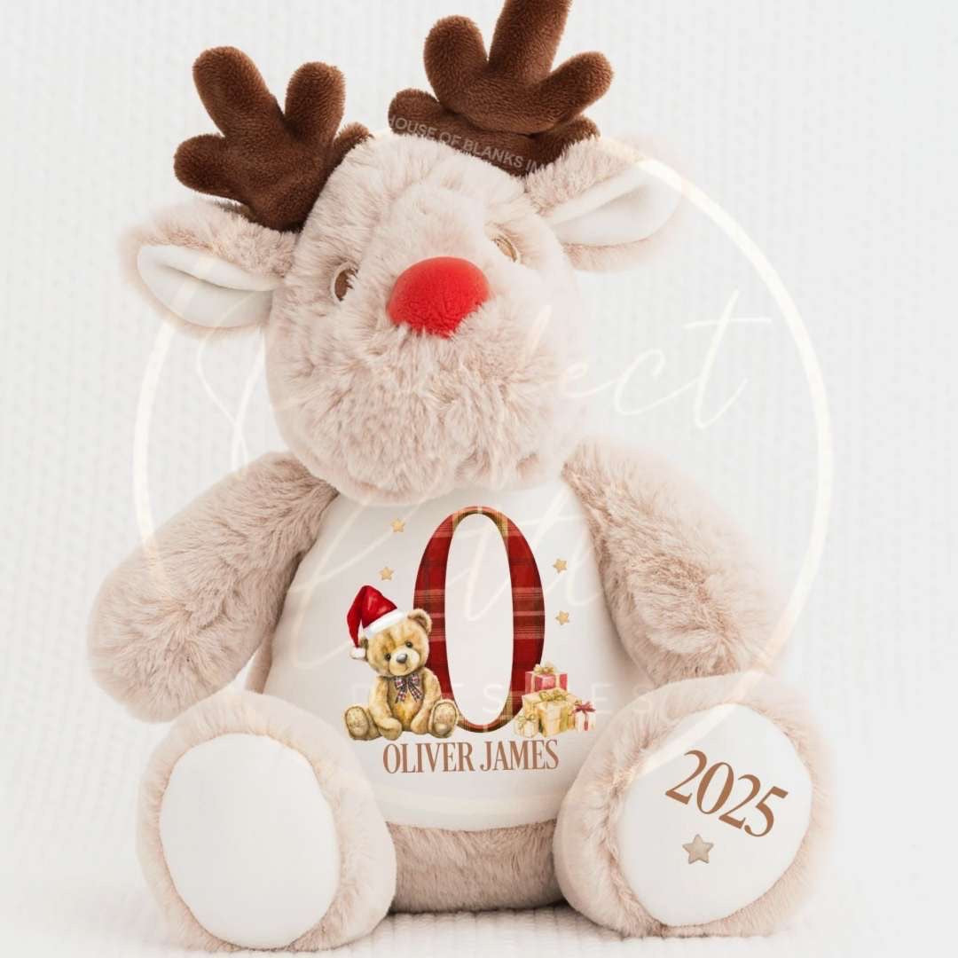Christmas Teddy - Printed Reindeer Tartan Initial