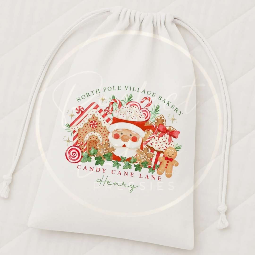 Christmas Drawstring Bag - Village Bakery Red