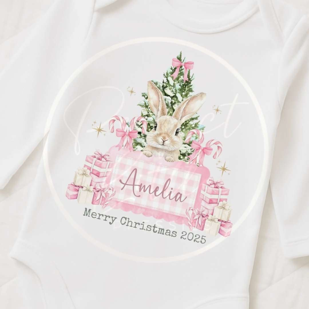 Christmas Sleepsuit - Pink Gingham Bunny